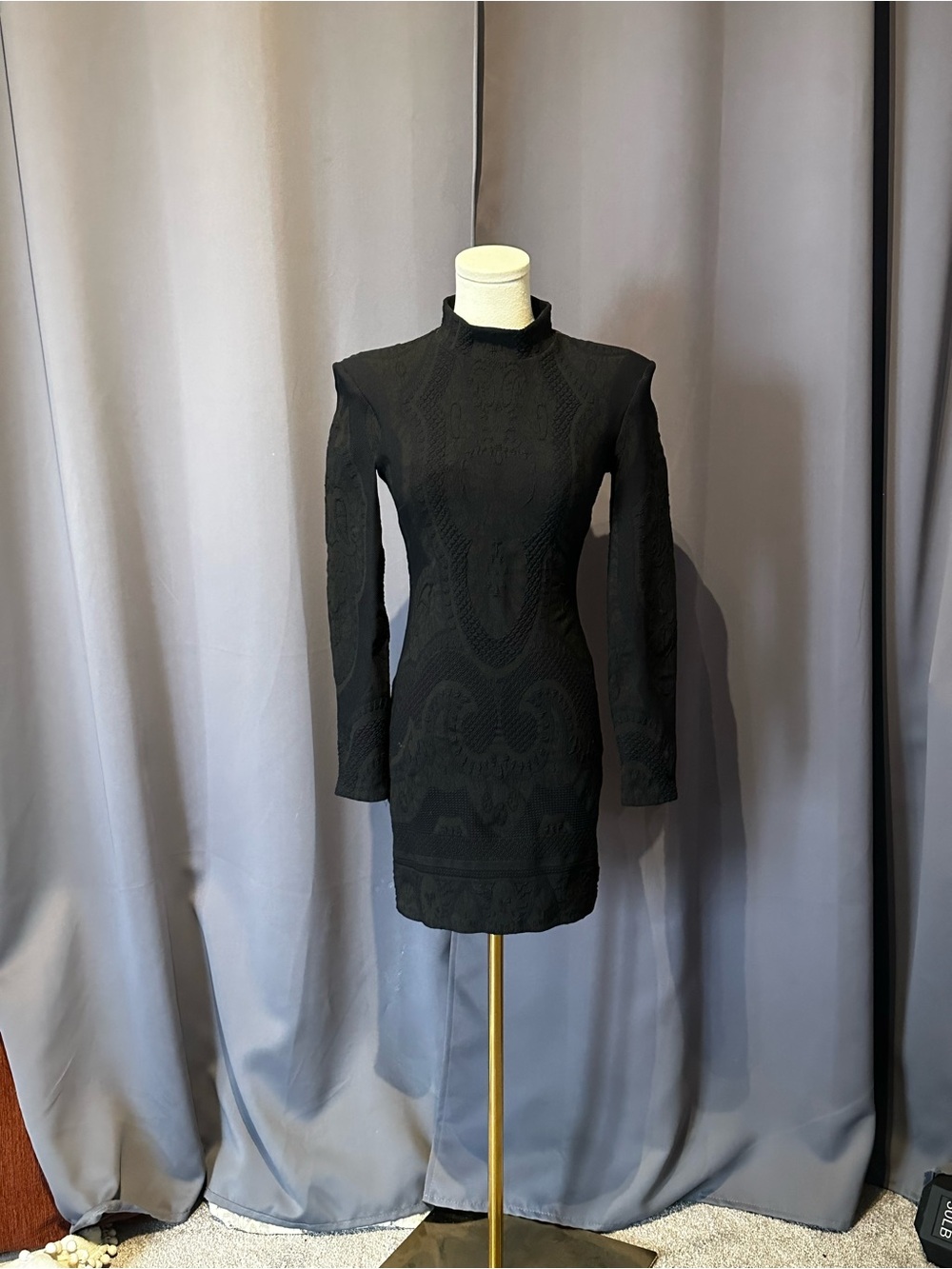 Bebe Black Long-Sleeve Textured Mini Dress